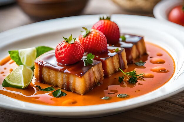 イチゴの入った食べ物とコップ一杯の水