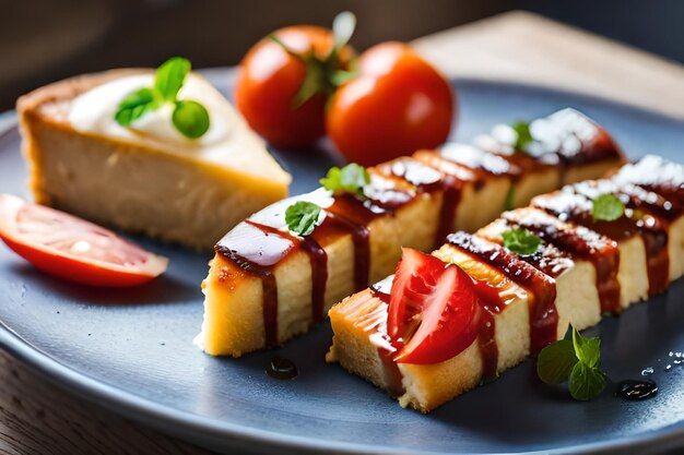 a plate of food with strawberries and a piece of cake on it.