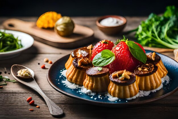 Photo a plate of food with strawberries and a spoon on it