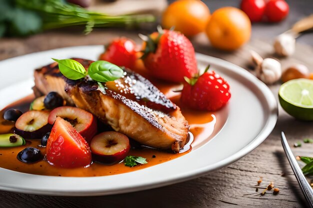 a plate of food with strawberries and strawberries