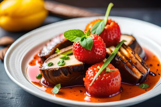 a plate of food with strawberries and strawberries