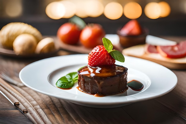 a plate of food with strawberries and a strawberry on it