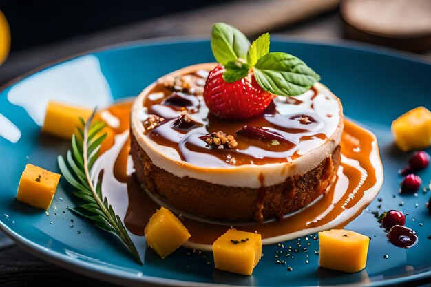 A plate of food with a strawberry and chocolate cream cheesecake on it