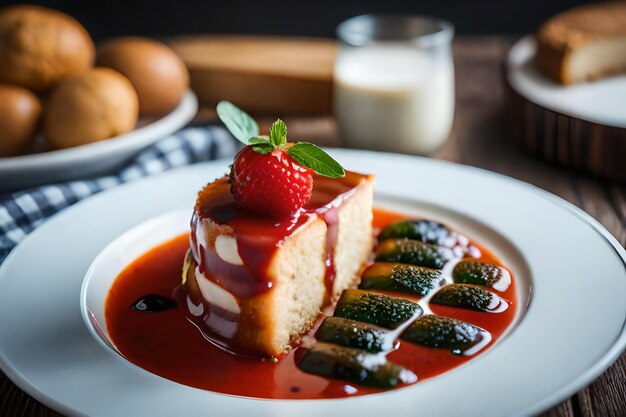 Foto un piatto di cibo con una fragola e un bicchiere di latte