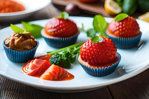 A plate of food with a strawberry on it