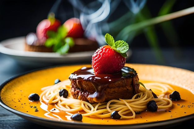 Foto un piatto di cibo con sopra una fragola