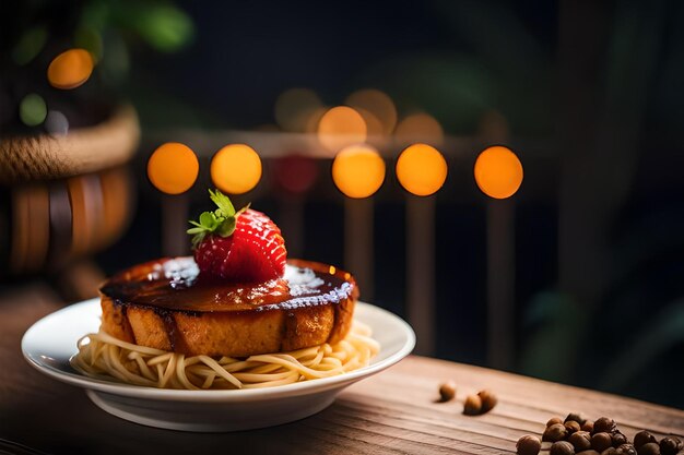 a plate of food with a strawberry on it