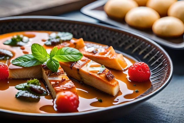 A plate of food with a strawberry on it