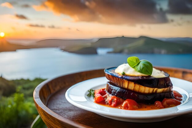 Photo a plate of food with a sunset in the background