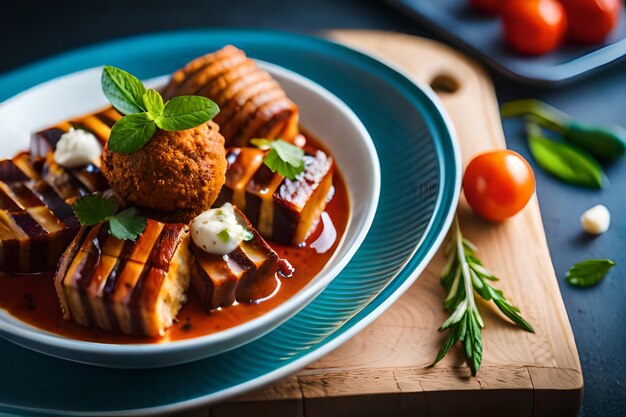 A plate of food with a tomato and cheese on it