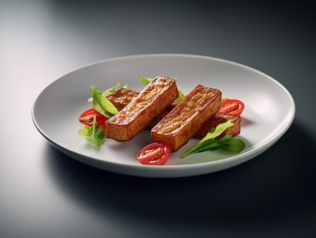 A plate of food with a tomato on it and a plate of food on a table.