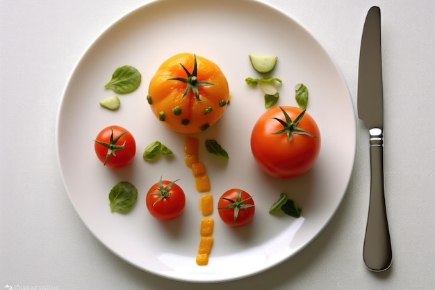 その上にトマトがのった食べ物の皿