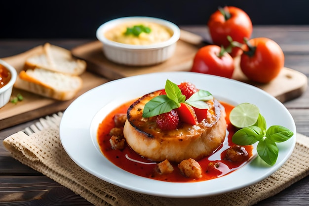 A plate of food with a tomato sauce and a bowl of hummus on the table.