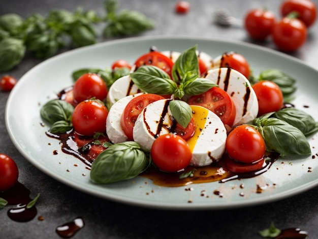 a plate of food with tomatoes and basil.