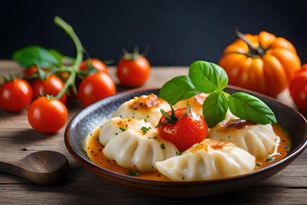 A plate of food with tomatoes and basil