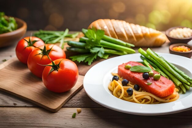 A plate of food with tomatoes, cucumber, and spinach on a wooden table.