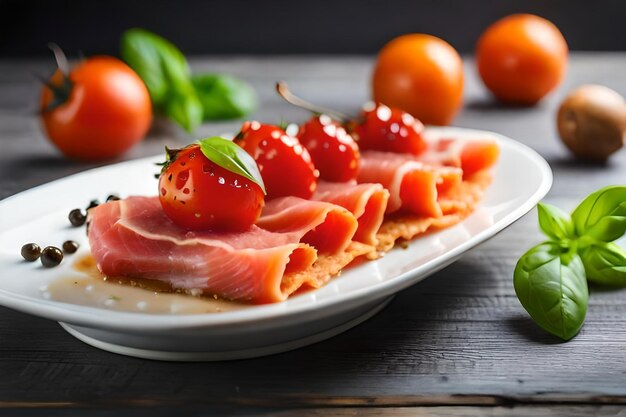 A plate of food with tomatoes and green olives on a wooden table