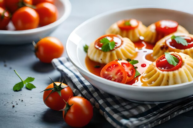 Photo a plate of food with tomatoes on it