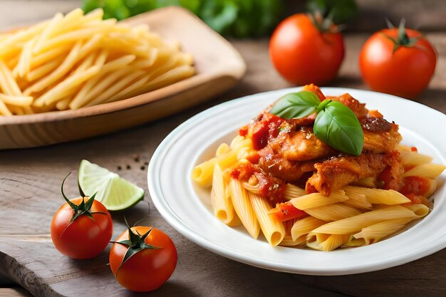 A plate of food with tomatoes and pasta on a wooden table