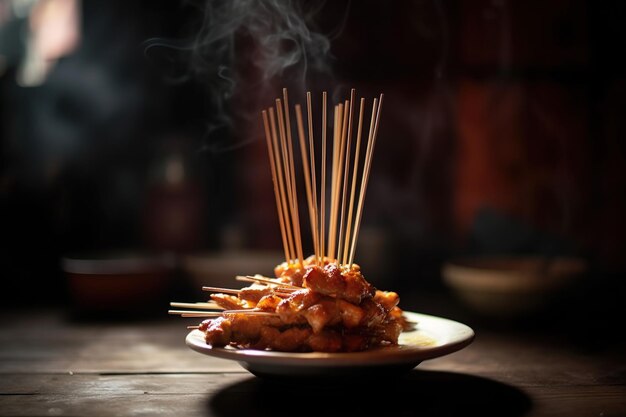 食べ物の皿の上に爪楊枝がのっている