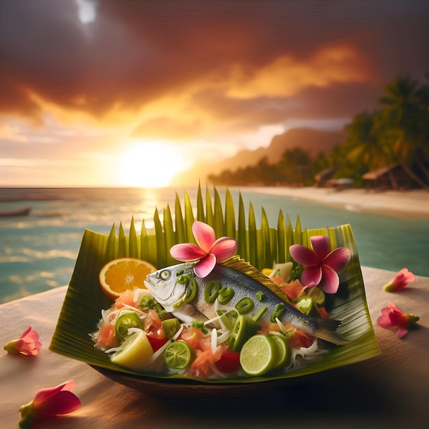 a plate of food with a tropical sunset in the background