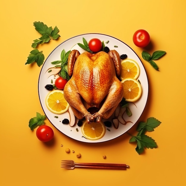 A plate of food with a turkey and lemons on it