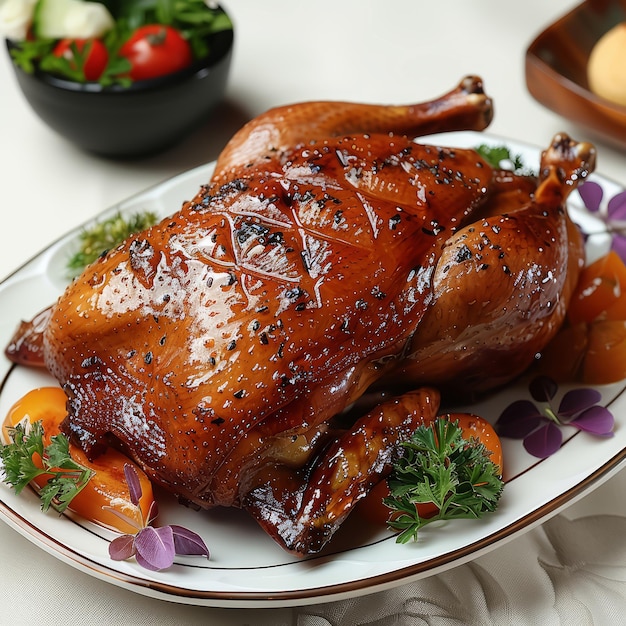 a plate of food with a turkey and vegetables