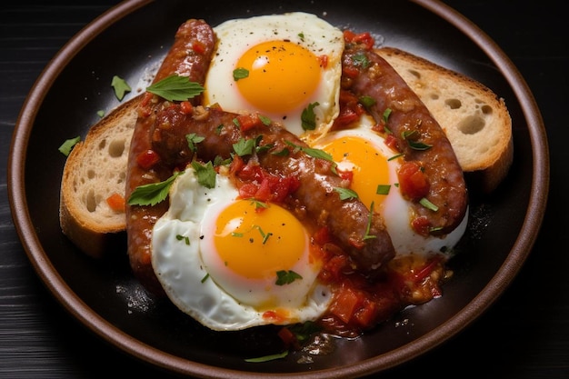 Photo a plate of food with two eggs and bread