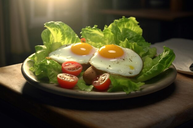 달걀 두 개와 옆면에 토마토가 있는 음식 접시.