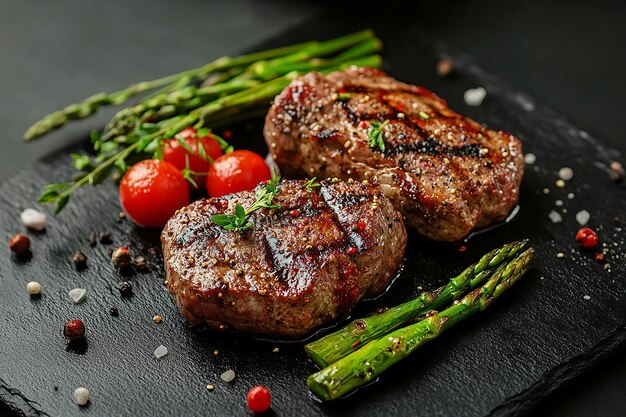a plate of food with two meats and vegetables on it