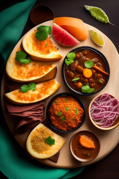 A plate of food with a variety of vegetables and breads.