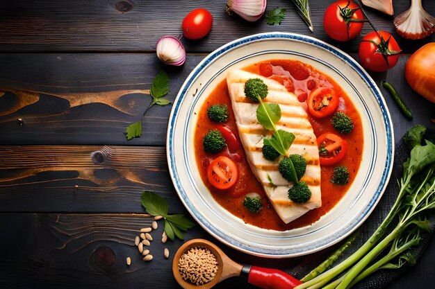 A plate of food with vegetables and a fish on it