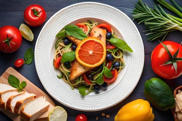 Foto un piatto di cibo con verdure e frutta