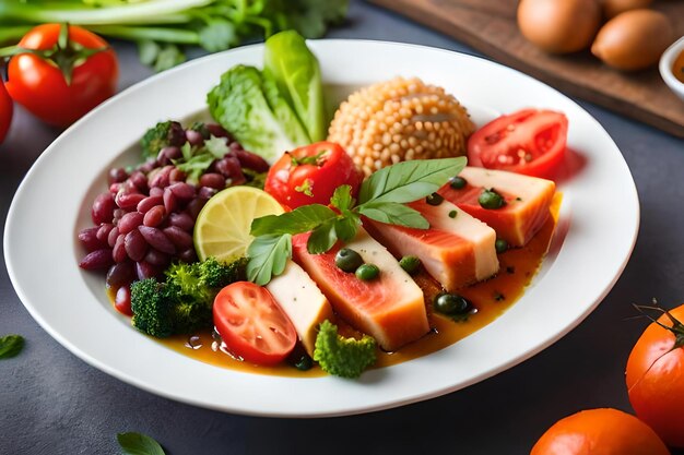 A plate of food with vegetables and fruits on a table