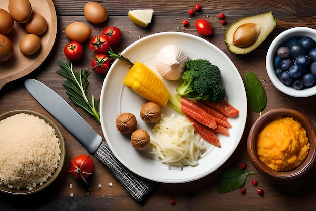 A plate of food with vegetables and a knife on a wooden table.