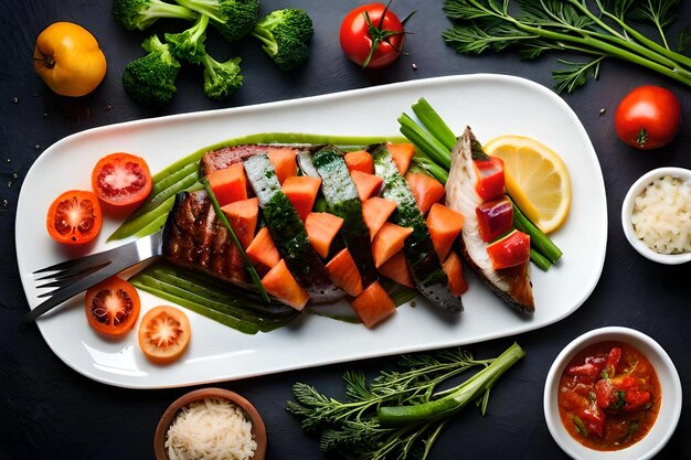 A plate of food with vegetables and meat on it.