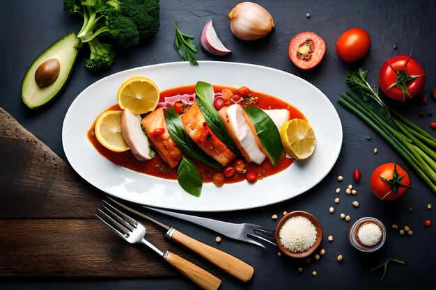 A plate of food with vegetables and rice on it