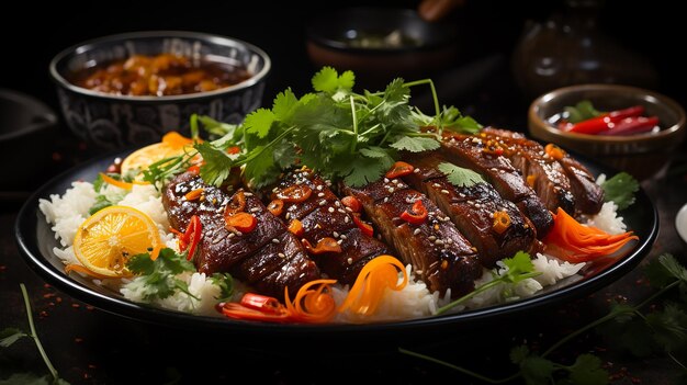 a plate of food with vegetables and rice