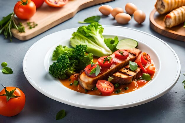 A plate of food with vegetables on a table