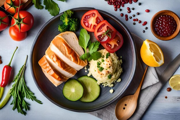 Photo a plate of food with vegetables and a wooden spoon.