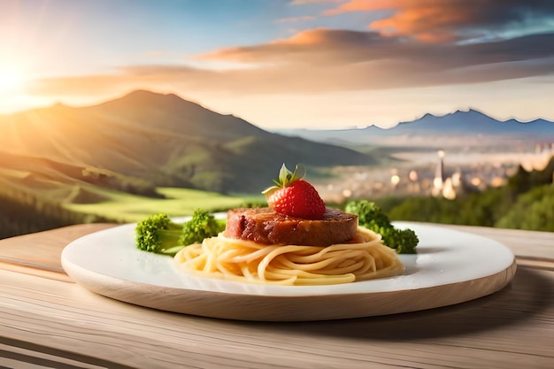 a plate of food with a view of the city in the background.