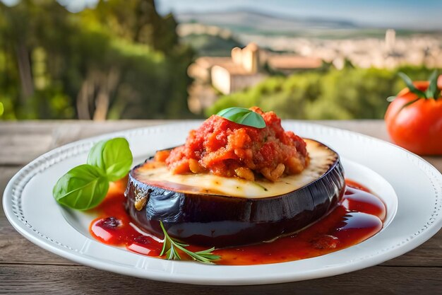 Foto un piatto di cibo con vista sulla città