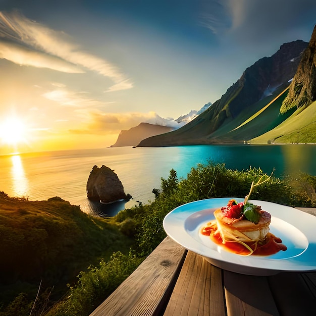 A plate of food with a view of the mountains in the background