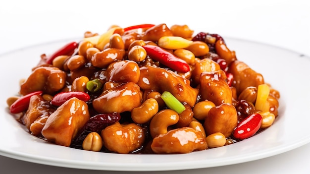 A plate of food with a white plate with red and green beans and nuts.