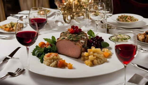 Photo a plate of food with a wine glass and a plate of food on it