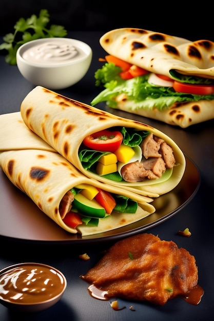 A plate of food with a wrap that says'chicken'on it