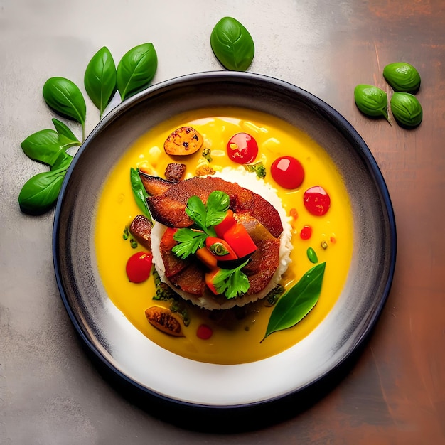 Тарелка с едой с желтым соусом и зелеными листьями.