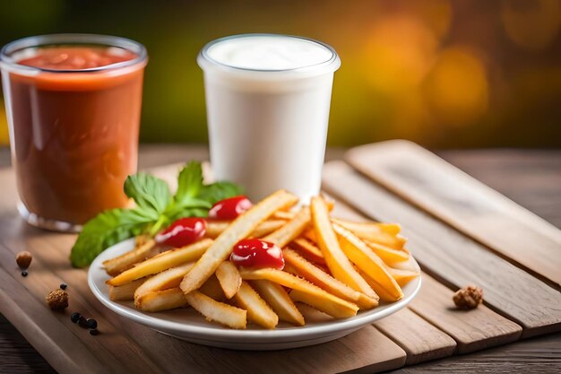 A plate of french fries and a glass of milk on a table.