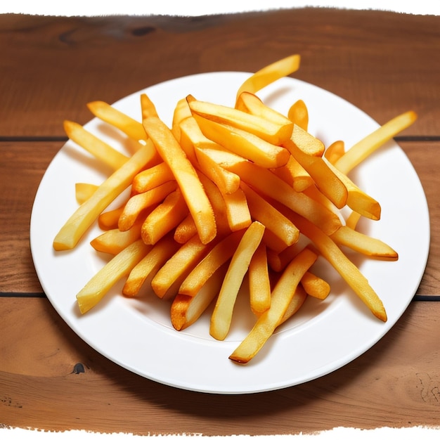A plate of french fries is on a wooden table.