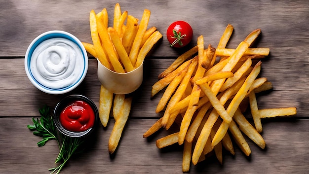 A plate of french fries with a bowl of mayonnaise and a bowl of mayonnaise.